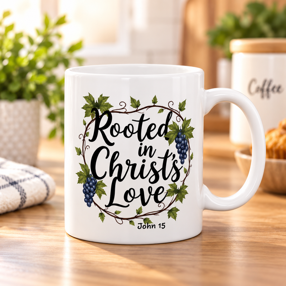 A white ceramic coffee mug with a printed graphic reading 'Rooted in Christ's Love' and 'John 15' in black script, decorated with green leaves and dark blue grape clusters. The mug is set on a wooden table in a warm, softly blurred kitchen environment.