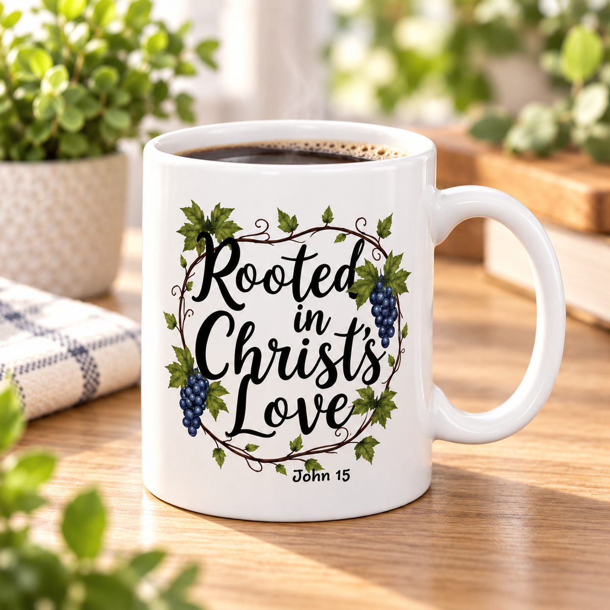 A white ceramic coffee mug with a 'Rooted in Christ's Love' Bible verse design, filled with black coffee and set on a wooden table with a blurred background of plants.