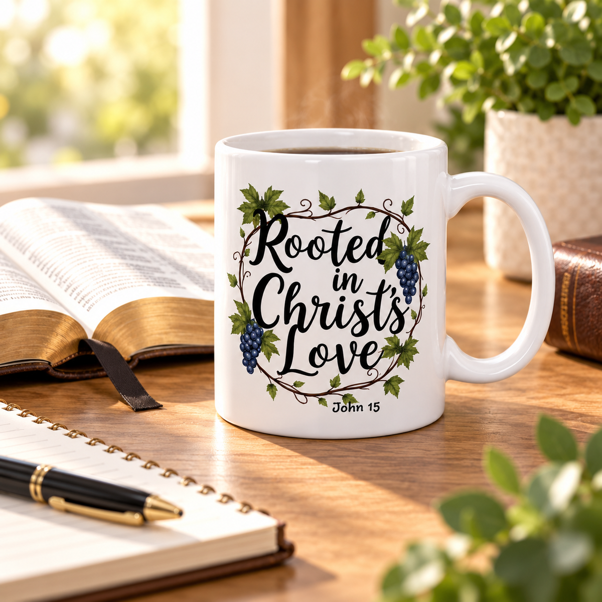 A white ceramic coffee mug with a 'Rooted in Christ's Love' Bible verse print, styled on a wooden desk with an open book, notebook, and plant in a warm, sunny setting.