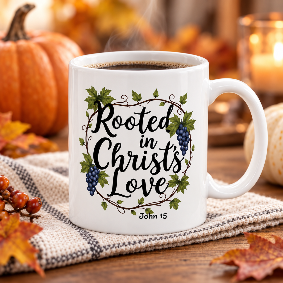 A white ceramic coffee mug with a 'Rooted in Christ's Love' graphic, filled with coffee and placed on a woven placemat with autumn leaves, pumpkins, and a candle in the background.