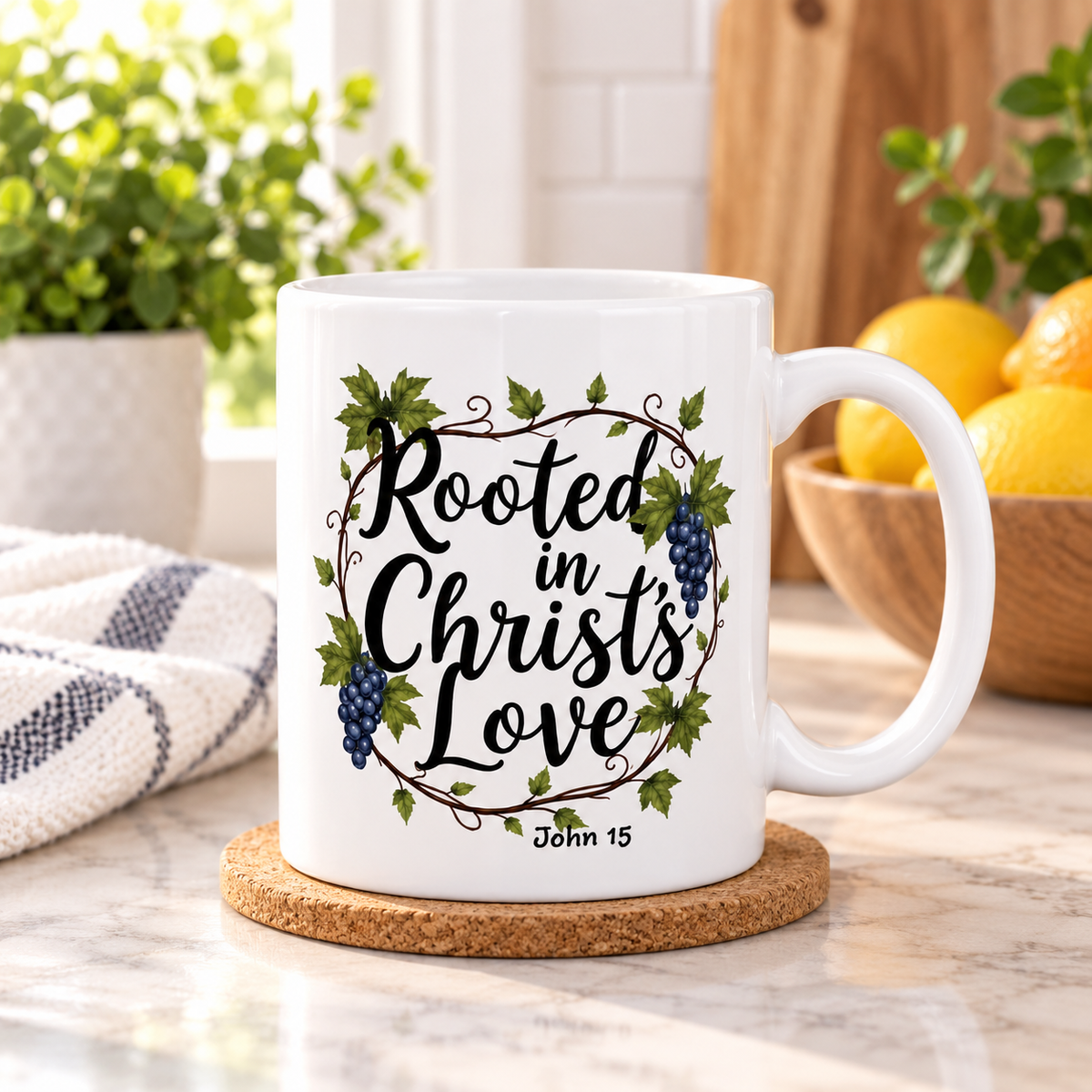 A white ceramic coffee mug with a 'Rooted in Christ's Love' graphic, resting on a cork coaster on a kitchen countertop with a blurred background of lemons and plants.