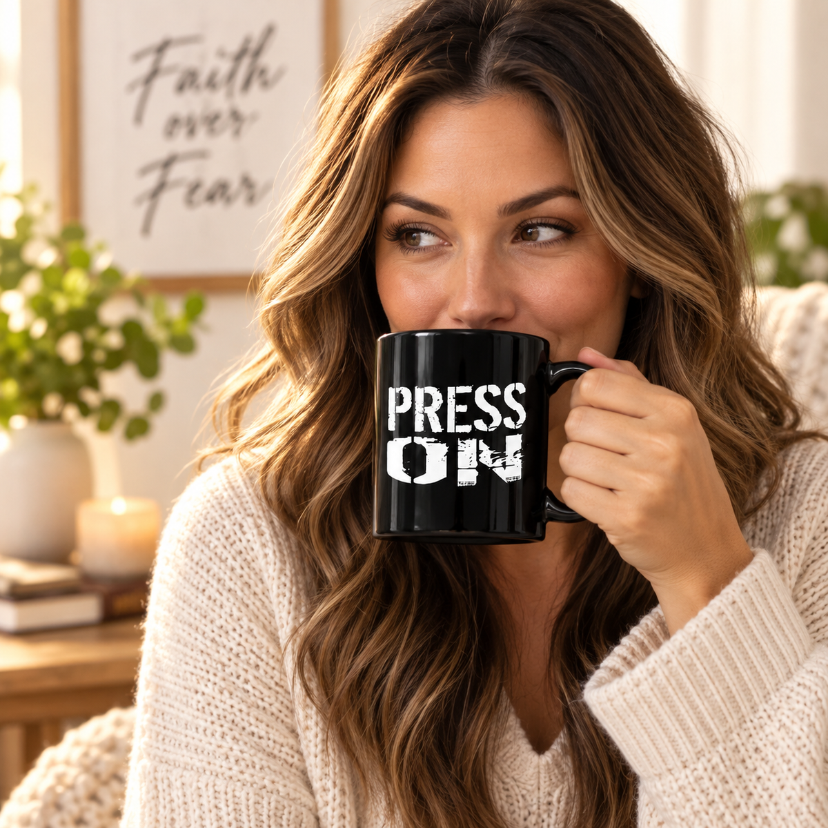 A woman in a cream knit sweater holds a black ceramic mug with the words 'PRESS ON' printed in distressed white lettering. The background shows a cozy, warm interior with a framed 'Faith over Fear' sign and soft-focus plants.