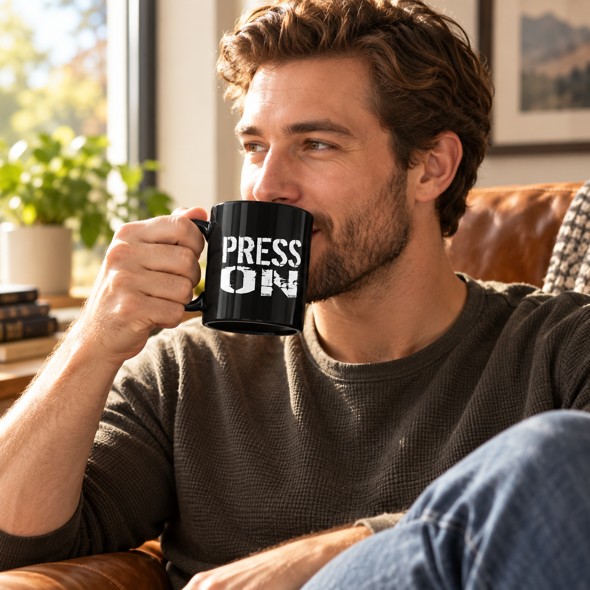 A man in a brown waffle-knit shirt relaxes in a leather armchair, holding a black ceramic mug with the words 'PRESS ON' printed in white. The scene is set in a warm, sunlit living room with a window, potted plants, and framed wall art in the background.