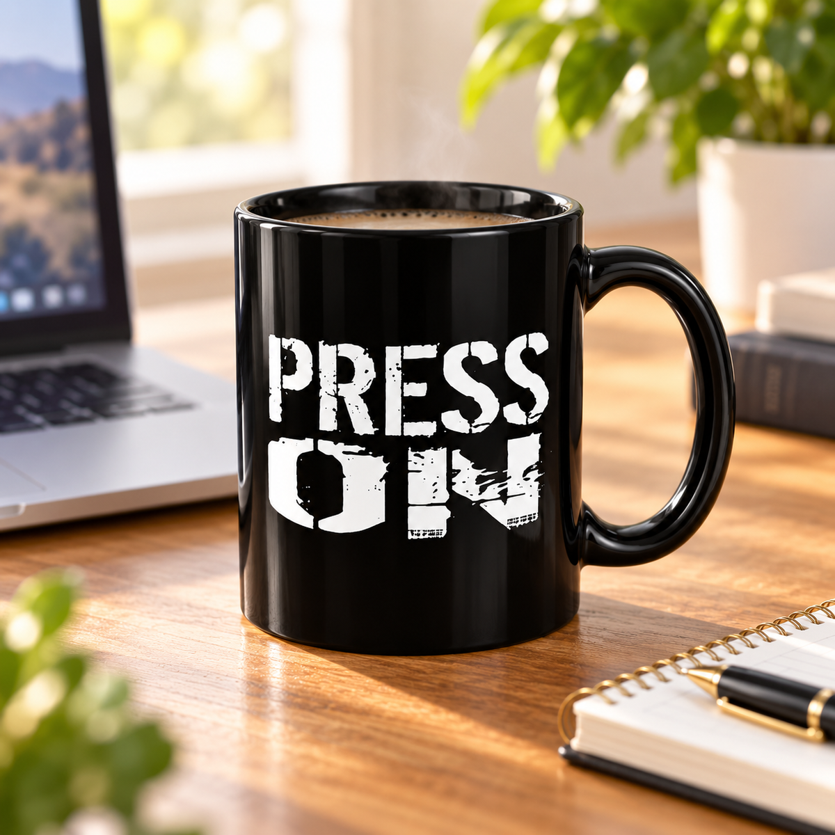 A black ceramic coffee mug with the words 'PRESS ON' printed in distressed white letters, sitting on a wooden desk in a bright office setting with a laptop, notebook, and plant in the background.
