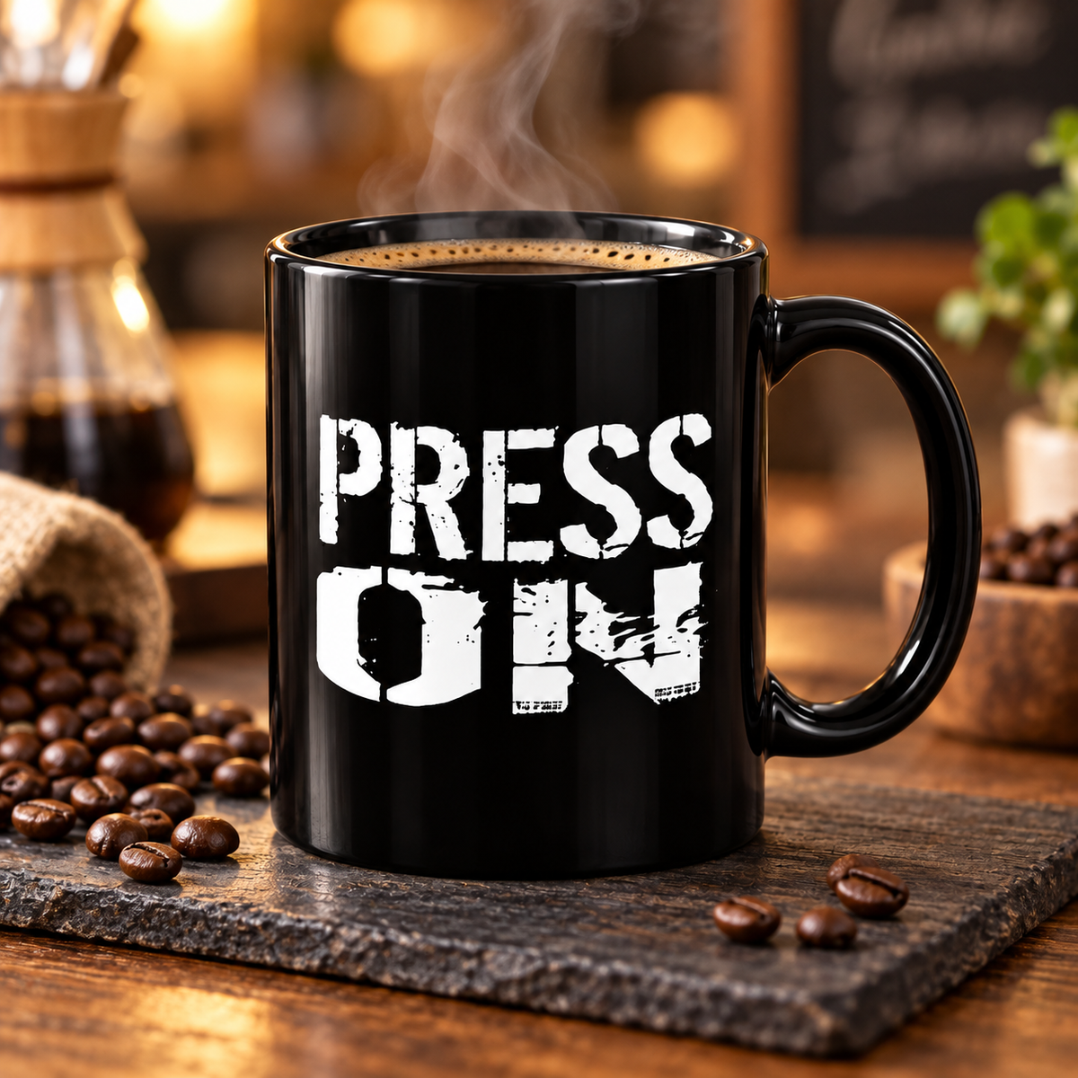 A black ceramic coffee mug with 'PRESS ON' printed in distressed white letters, filled with steaming coffee and placed on a wooden surface with coffee beans around it.