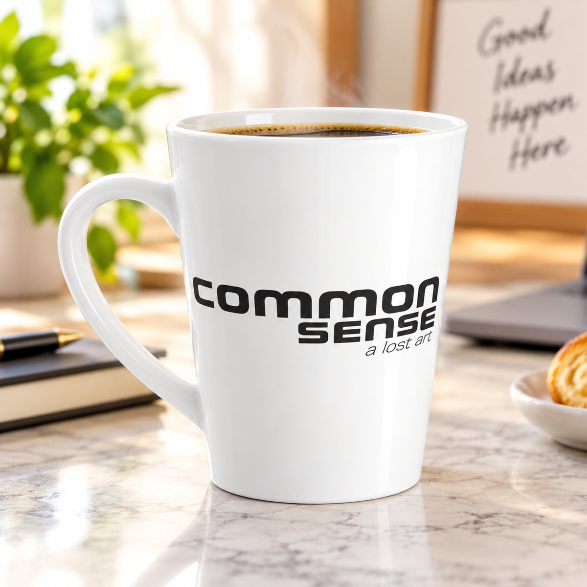 A white ceramic coffee mug with the words 'common sense a lost art' printed in black, filled with black coffee and set on a marble desk in a bright, softly blurred workspace.