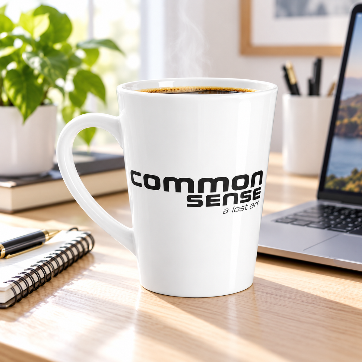 A white ceramic coffee mug with the text 'common sense a lost art' printed in black, sitting on a wooden desk in a bright, modern workspace with a laptop, notebook, and plant in the background.