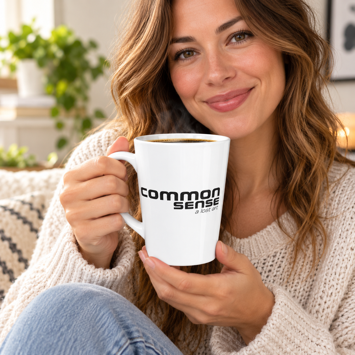 A smiling woman in a cream knit sweater holds a white ceramic mug with the text 'common sense' printed in black. The setting is a cozy indoor environment with soft natural light, a blurred plant in the background, and a patterned cushion.
