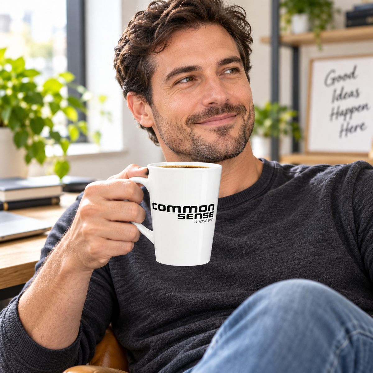 A man in a dark gray long-sleeve shirt and blue jeans sits in a bright, modern room holding a white ceramic mug with the black printed text 'common sense coffee'.