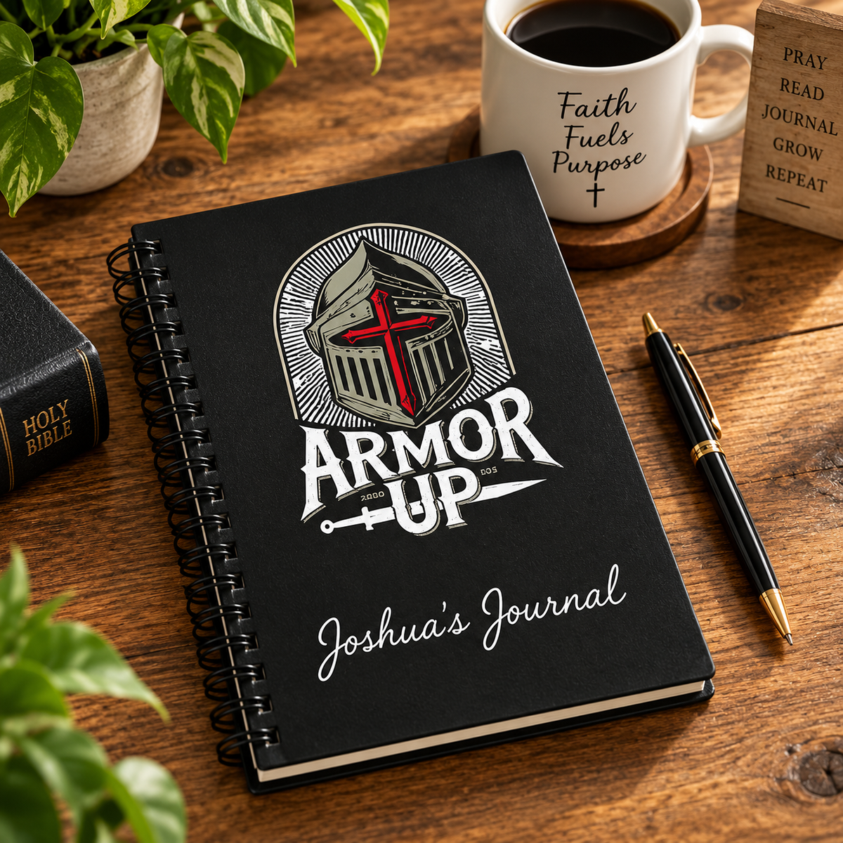 Joshua personalized Armor Up Christian journal styled with Bible, coffee, and faith inspired desk accessories