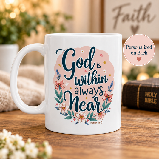 A white ceramic mug with a floral design and the text 'God is within always Near Psalm 48:5' on the front, shown on a wooden table with a cozy background. A badge on the right says 'Personalized on Back'.