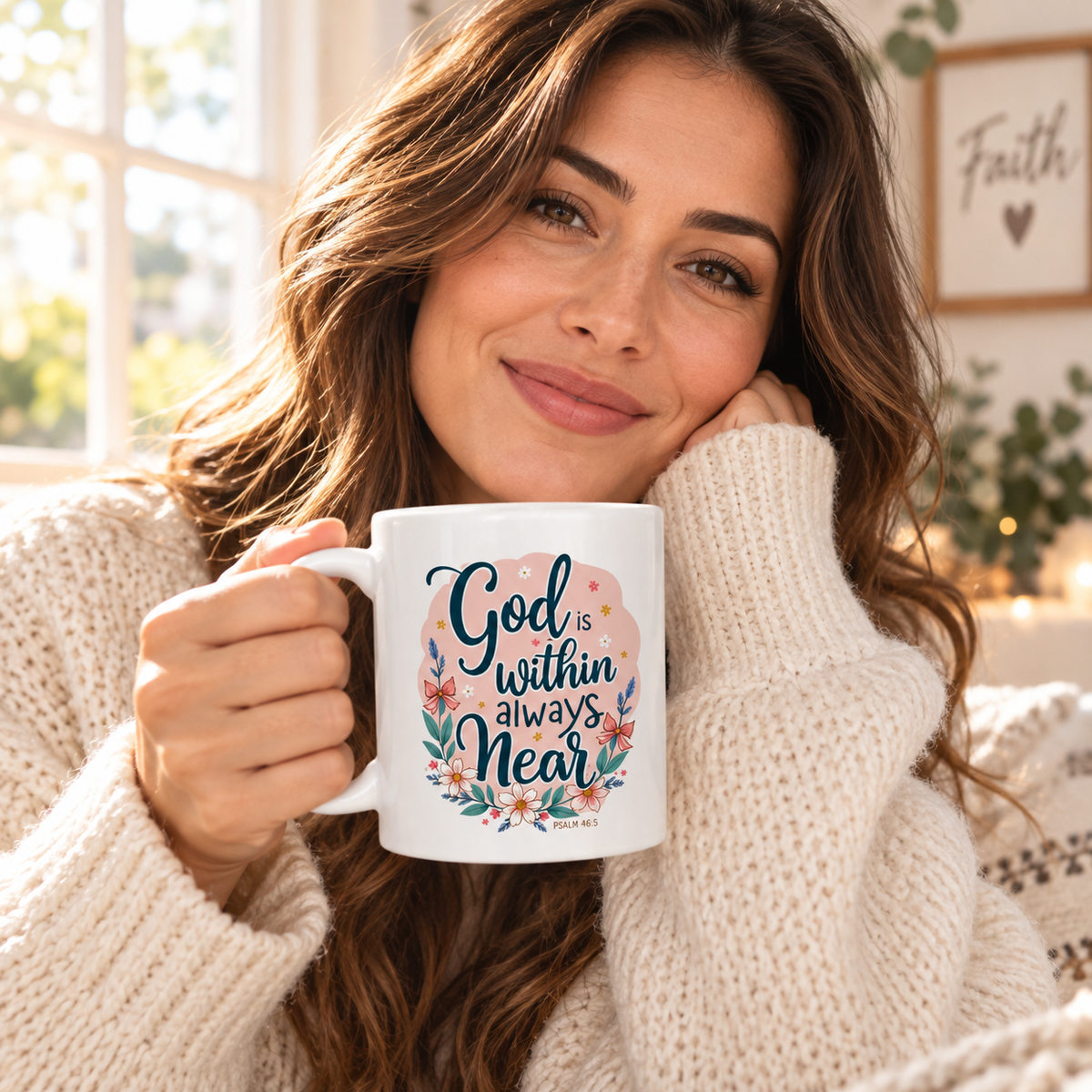 A woman in a cream knit sweater holds a white ceramic mug with the phrase 'God is within always near' in blue script, surrounded by a pastel floral design. The background shows a warm, softly lit room with a window and framed wall art.