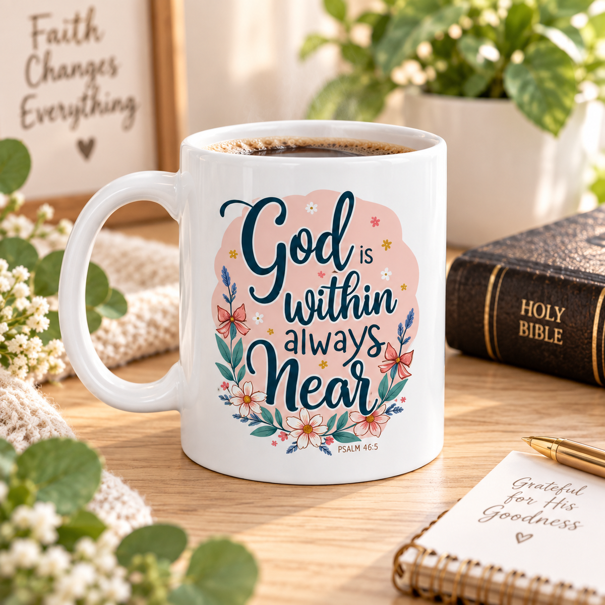 A white ceramic coffee mug with a floral design and the text 'God is within always near Psalm 46:5' on a wooden table, surrounded by a Bible, notebook, pen, and plants.