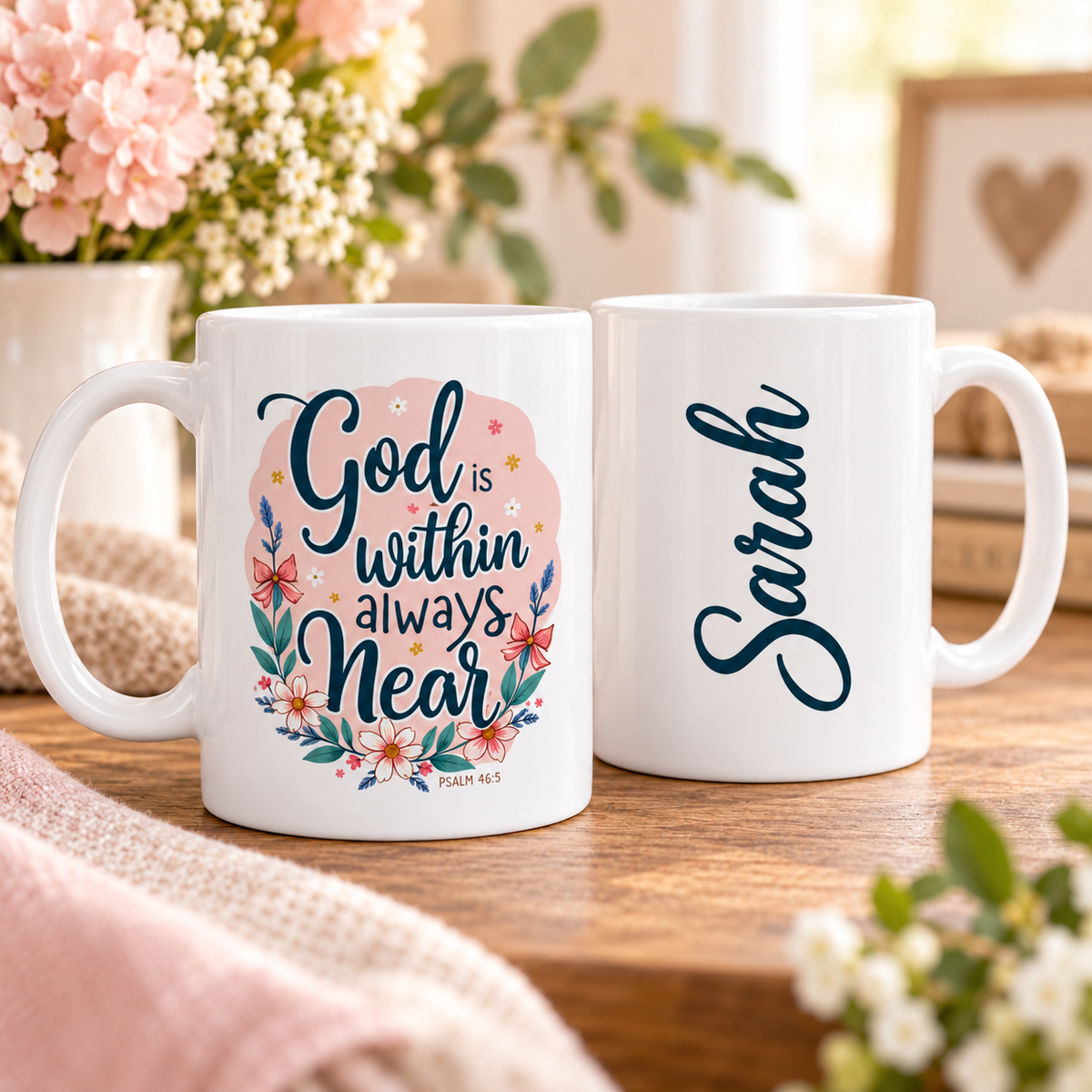 Two white ceramic mugs displayed side by side on a wooden table. The left mug features a pink floral design with the words 'God is within always always Near' and 'PSALM 46:5' in dark blue script.