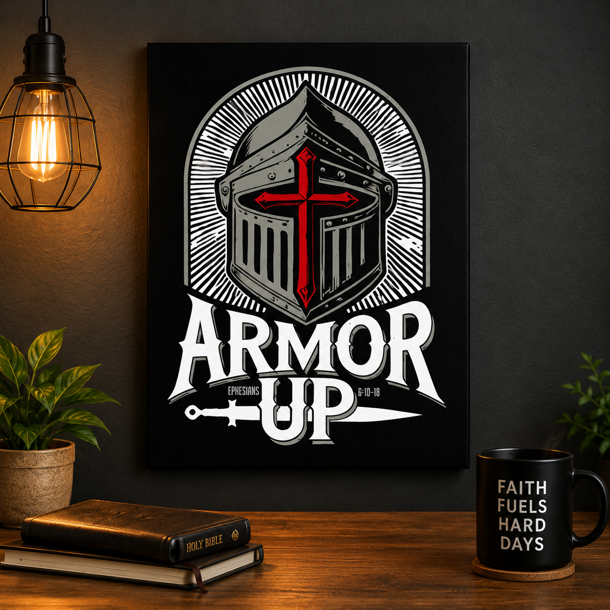 A black wall art print featuring a stylized knight helmet with a red cross and the words 'ARMOR UP' in large white lettering, displayed on a wooden table in a styled room with a hanging lamp, plants, books, and a black mug that reads 'FAITH FUELLES HARD DAYS'.