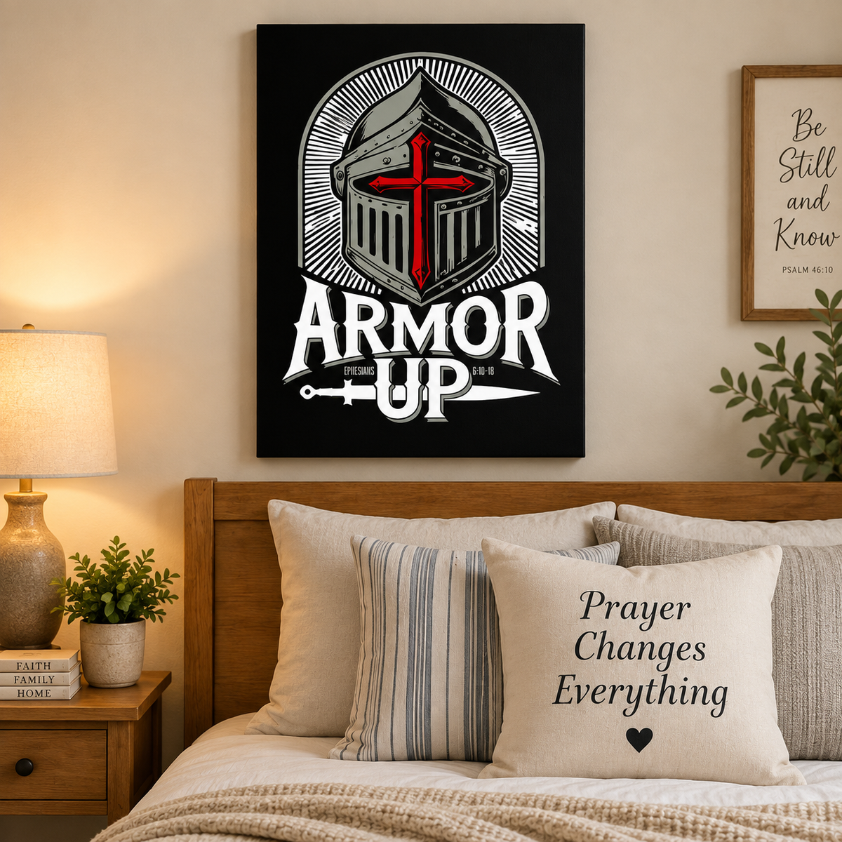 A black wall art print featuring a white and red knight helmet with the words 'ARMOR UP' is displayed above a bed in a styled bedroom setting. The room includes a wooden headboard, beige bedding, a striped pillow, a lamp, and a small plant.