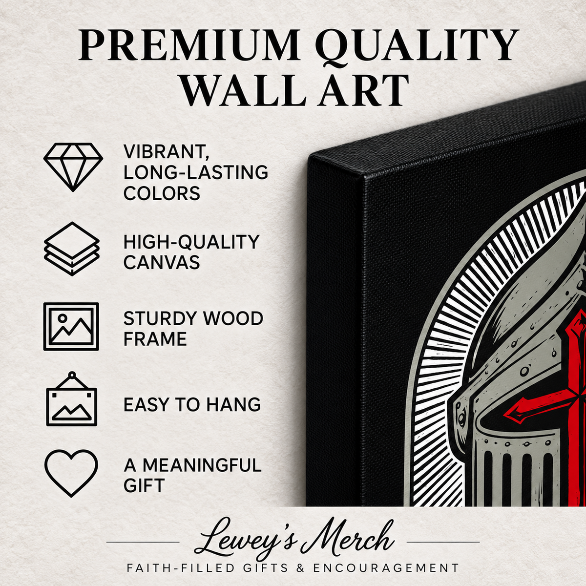 Promotional graphic for a premium canvas wall art product, showing part of a black canvas with a knight helmet illustration and text listing features like vibrant colors, high-quality canvas, sturdy wood frame, easy to hang, and meaningful gift.