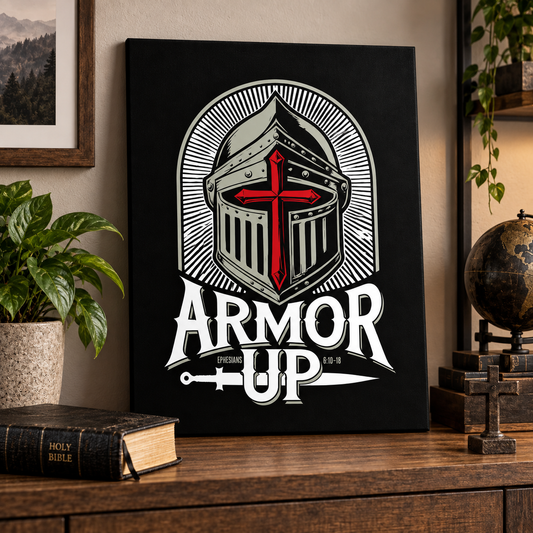A black canvas print featuring a stylized knight helmet with a red cross and the words 'ARMOR UP' in white, displayed on a wooden shelf in a room setting with a plant, book, and globe.