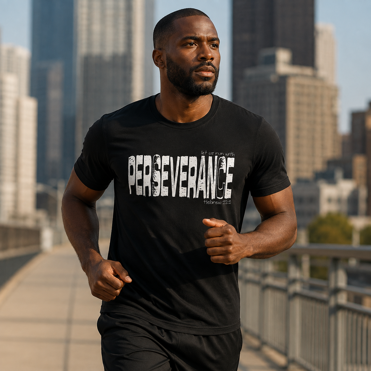 Black man running in a black Perseverance Christian T-shirt inspired by Hebrews 12:1