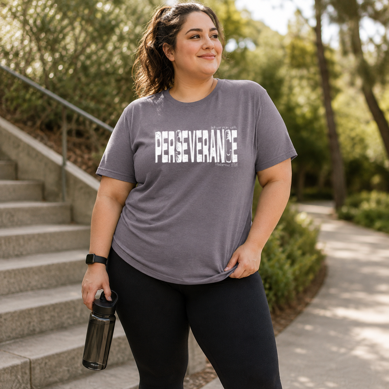 Plus-size woman wearing a Heather Storm Perseverance Christian T-shirt after an outdoor workout