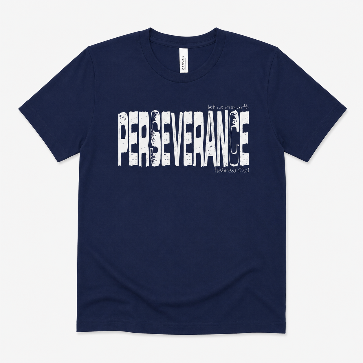 Navy Perseverance Christian T-shirt with distressed white Hebrews 12:1 design