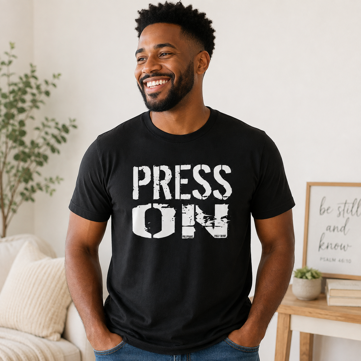A smiling man wearing a black crewneck t-shirt with the words 'PRESS ON' printed in a distressed white font, standing in a bright, modern living room.
