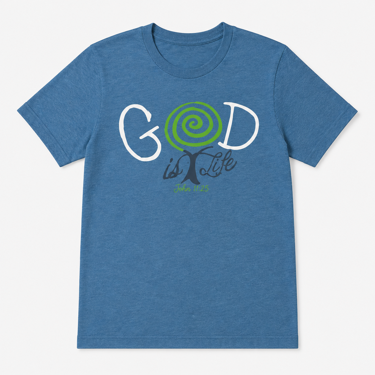 A heather blue short-sleeve t-shirt with a graphic on the chest reading 'GOD is life' where the letter 'O' is replaced by a green spiral tree design, shown on a light gray background.