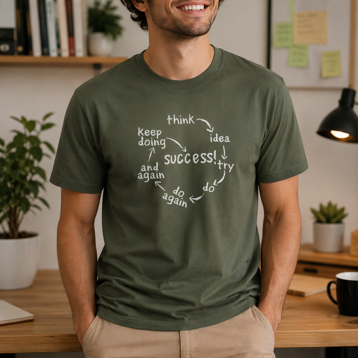 A man wearing an olive green t-shirt with a white circular graphic that reads 'success! try think' surrounded by arrows and words like 'keep doing', 'idea', 'try', 'do', 'again'. He is standing in a warm, modern home office environment with plants and a desk in the background.