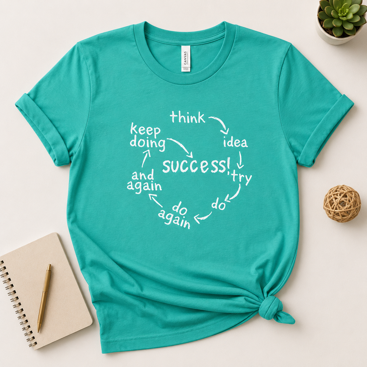 A teal short-sleeve graphic T-shirt laid flat on a light beige surface, styled with a notebook, pen, small plant, and woven ball prop. The shirt has a white circular motivational phrase printed on the chest reading 'think idea try do again success! keep doing and again.