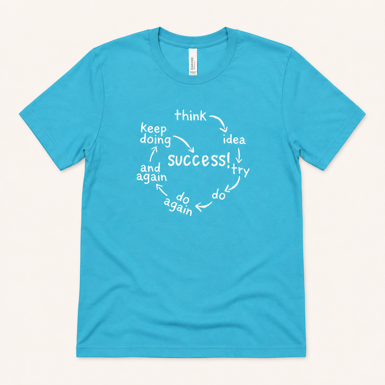 A bright turquoise blue short-sleeve t-shirt with a white circular graphic on the chest that reads 'success!' surrounded by words like 'think', 'idea', 'try', 'do', and 'keep doing'. The shirt is displayed flat against a light cream background.