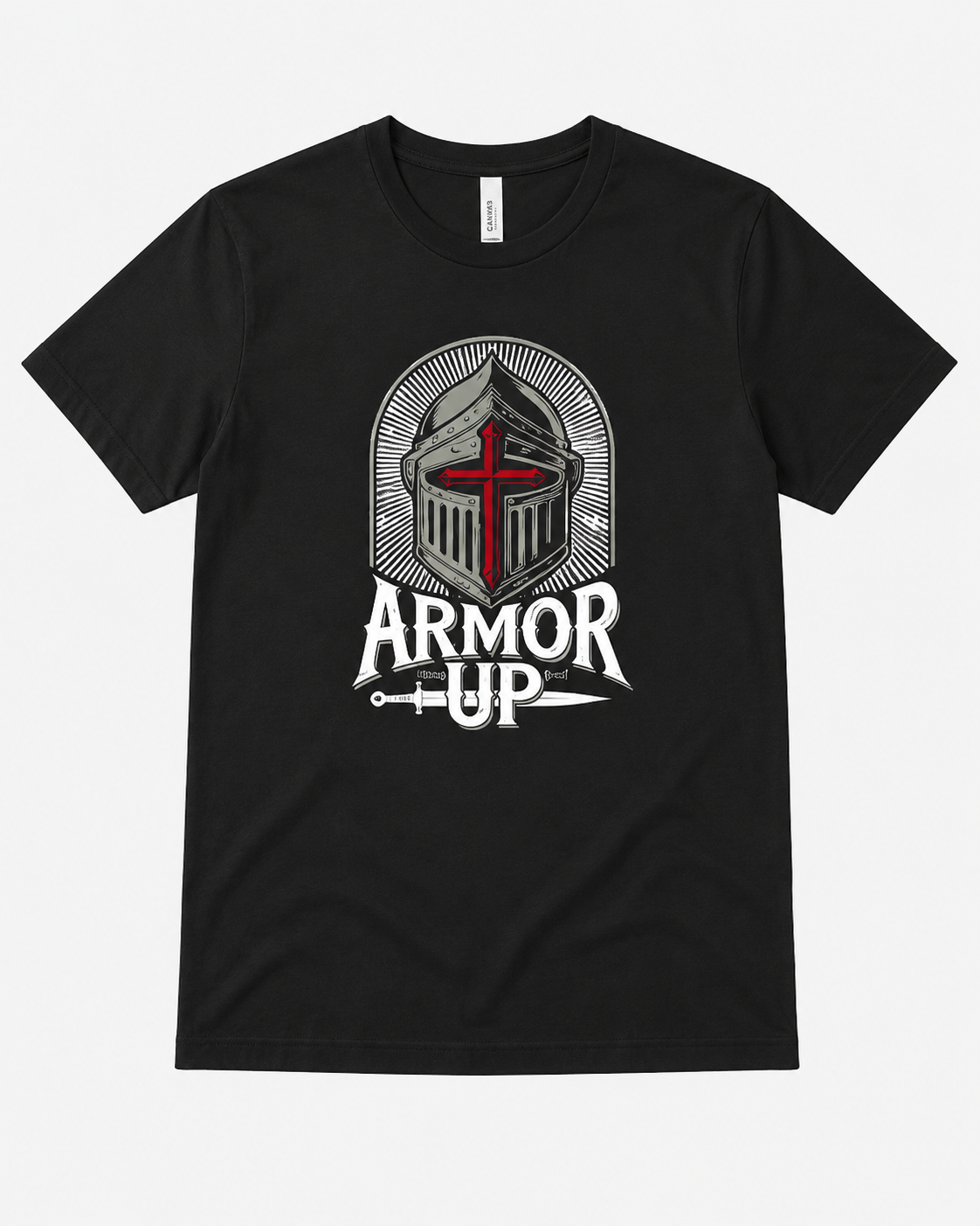 A black short-sleeve crewneck t-shirt featuring a graphic print of a medieval knight's helmet with a red cross, the words 'ARMOR UP', and a sword design on the front, displayed against a light gray background.