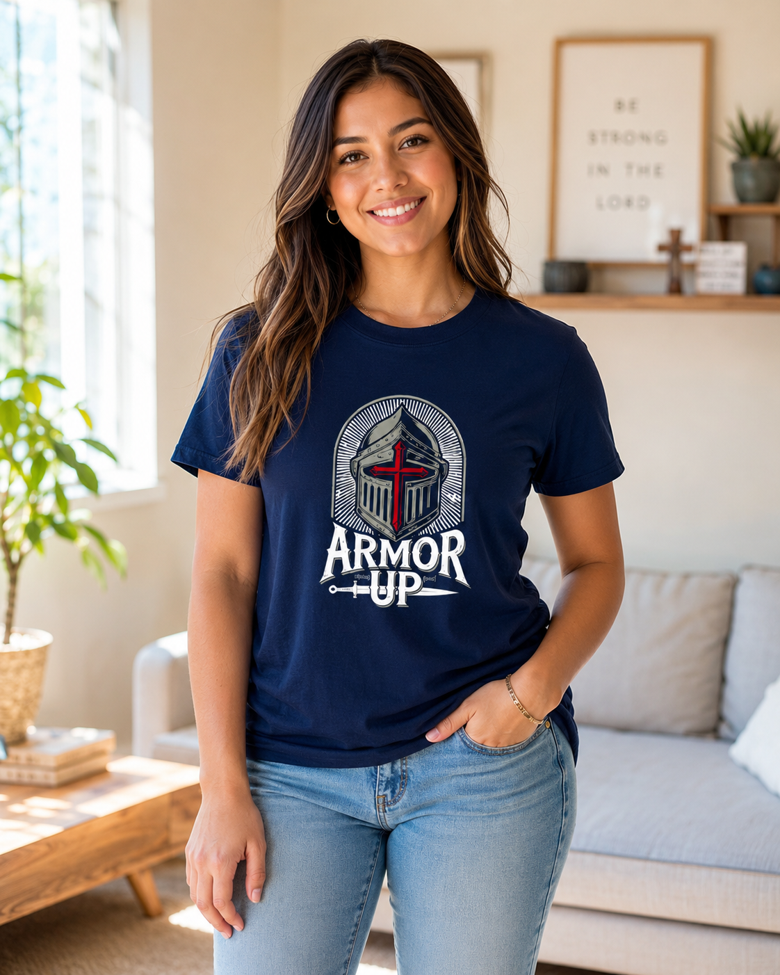 A woman wearing a navy blue graphic t-shirt with a knight helmet and the words 'ARMOR UP' printed on the front, paired with light wash blue jeans, standing in a bright, modern living room.