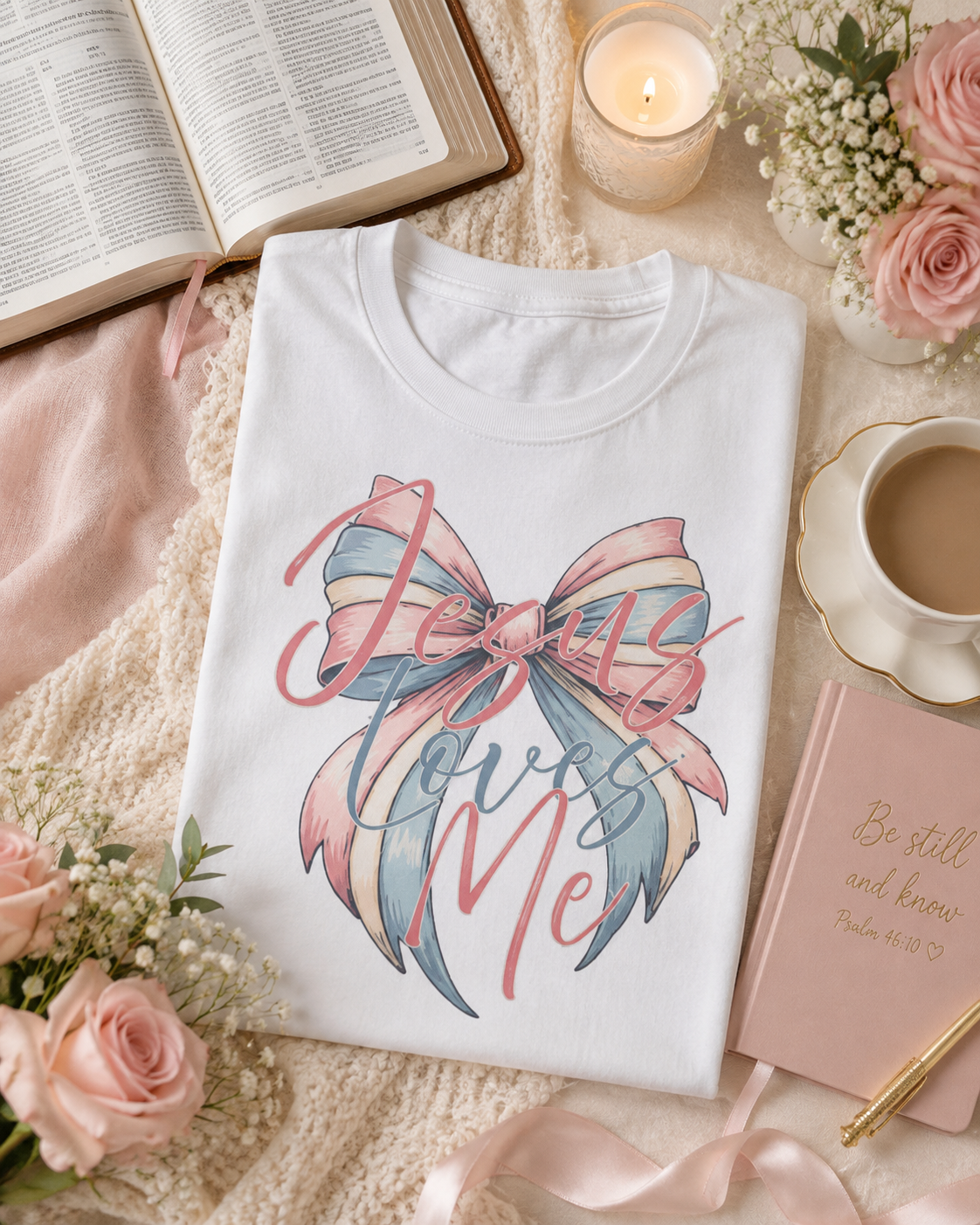 A folded white graphic T-shirt is displayed in a styled flat-lay arrangement on a cream knit blanket with pink roses, an open book, a lit candle, a cup of coffee, and a pink notebook. The shirt features a large pastel bow graphic and the words 'Jesus Loves Me' in pink script.