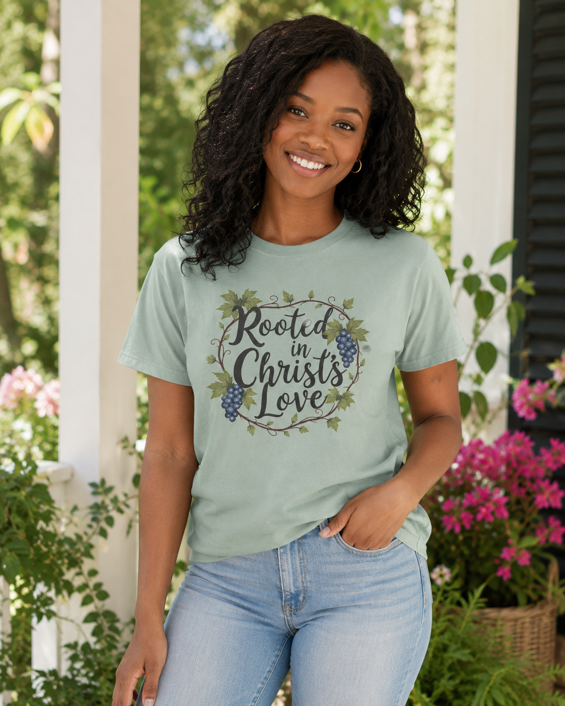 A smiling woman with curly dark hair stands on a porch wearing a light sage green graphic T-shirt that reads 'Rooted in Christ's Love' with grapevine artwork, paired with light blue jeans.