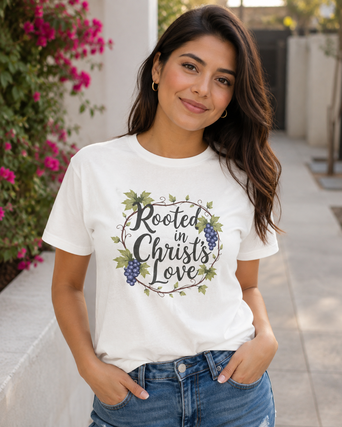 A woman wearing a white graphic t-shirt with 'Rooted in Christ's Love' written in a grapevine design, paired with blue jeans, standing outdoors on a paved walkway.