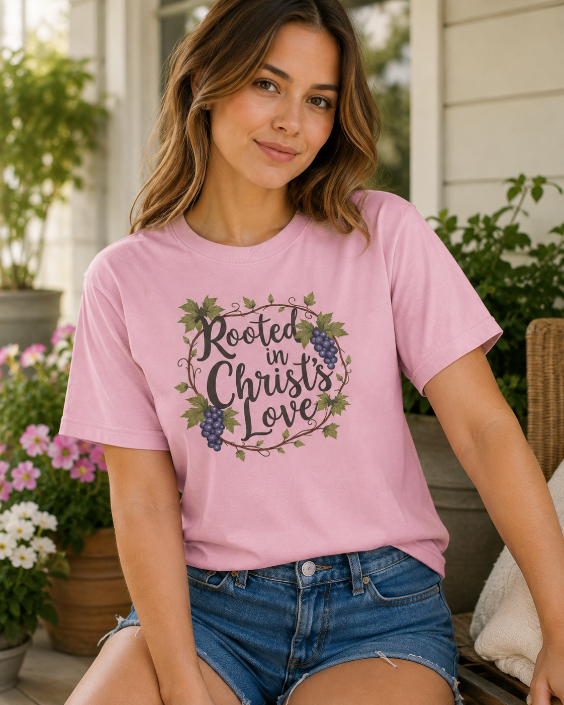 A woman wearing a light pink graphic t-shirt with a 'Rooted in Christ's Love' grapevine design, paired with denim shorts, sitting on a porch.