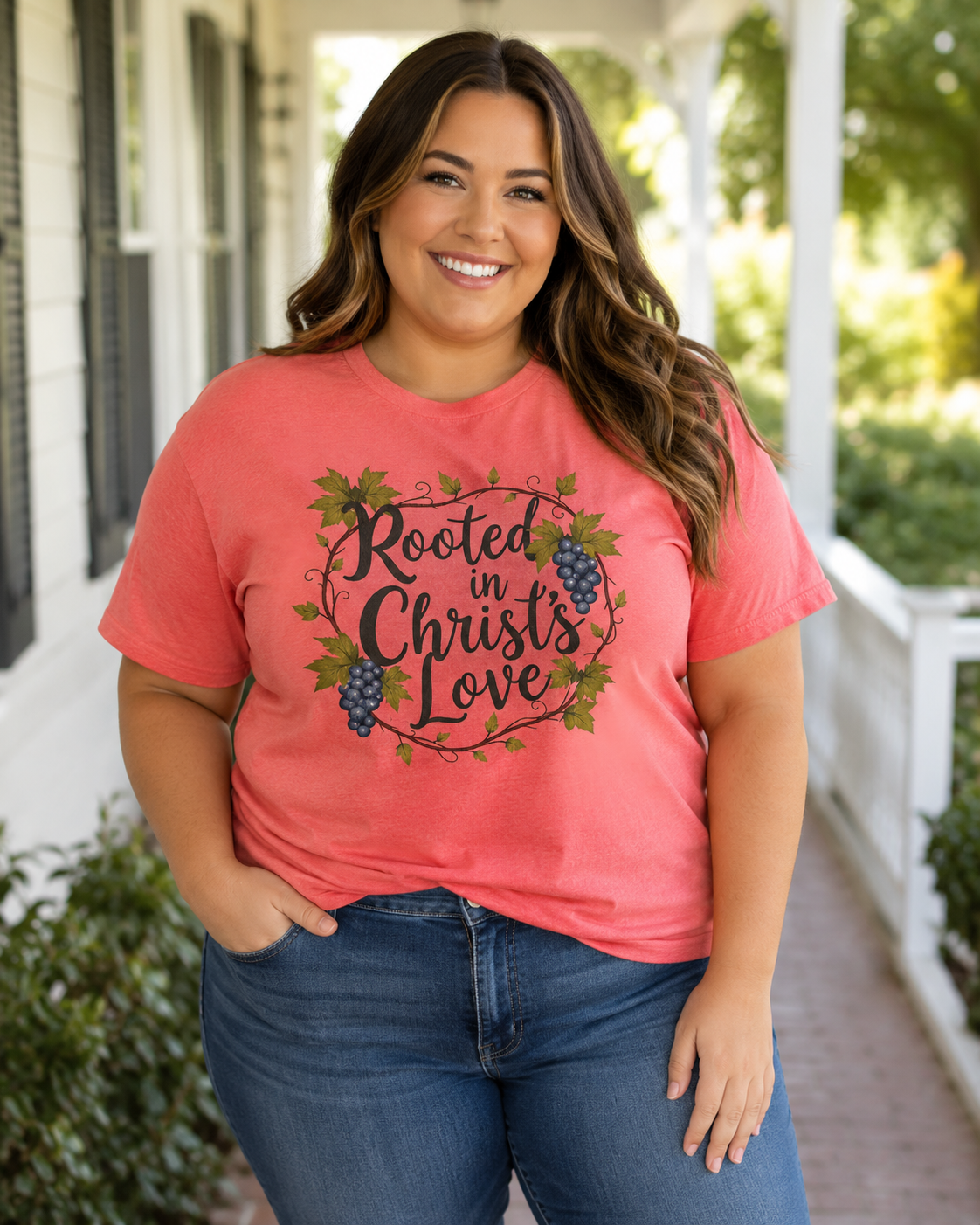 A smiling woman stands on a porch wearing a coral pink graphic T-shirt with the words 'Rooted in Christ's Love' and grapevine artwork, paired with blue jeans.