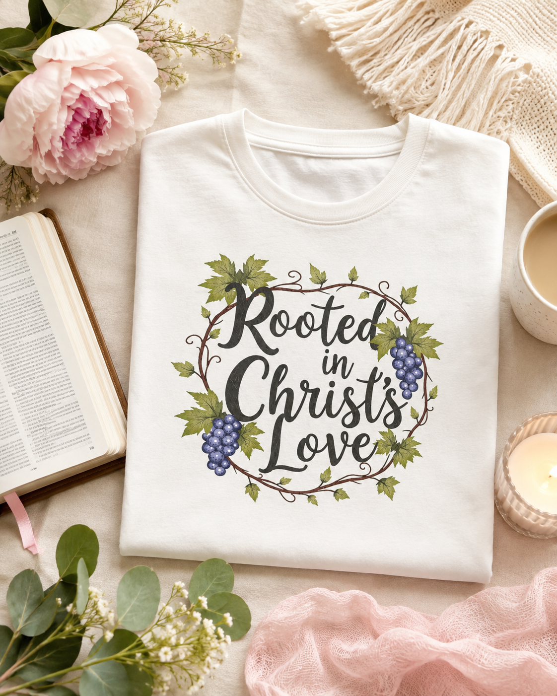 A folded white crewneck t-shirt with a 'Rooted in Christ's Love' graphic featuring grape illustrations, styled in a cozy flat-lay arrangement with an open book, pink flowers, a candle, and a scarf.