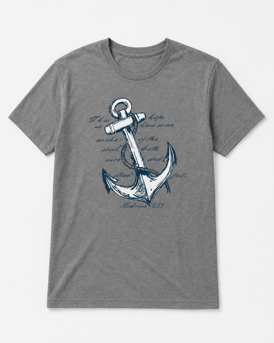 A heather gray short-sleeve crewneck t-shirt featuring a navy blue anchor graphic with nautical script text on the front, displayed against a light gray background.