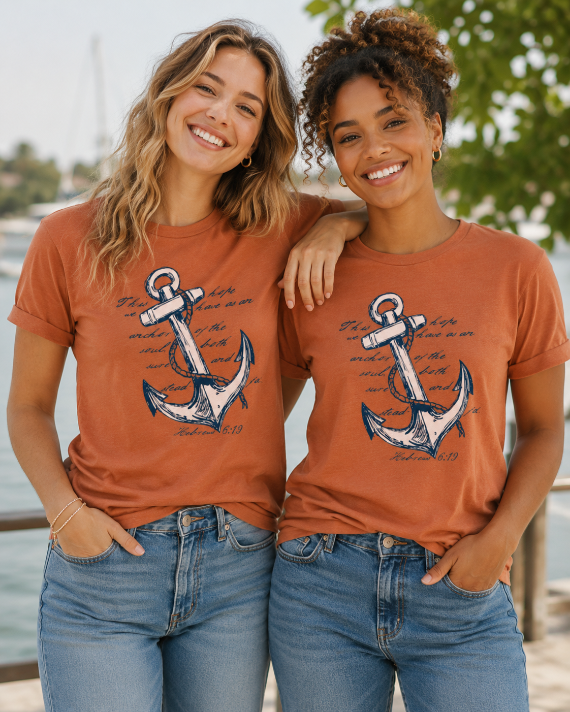 Two women standing outdoors by the water wearing matching rust-orange graphic T-shirts with a large anchor and script print on the front, paired with blue jeans.