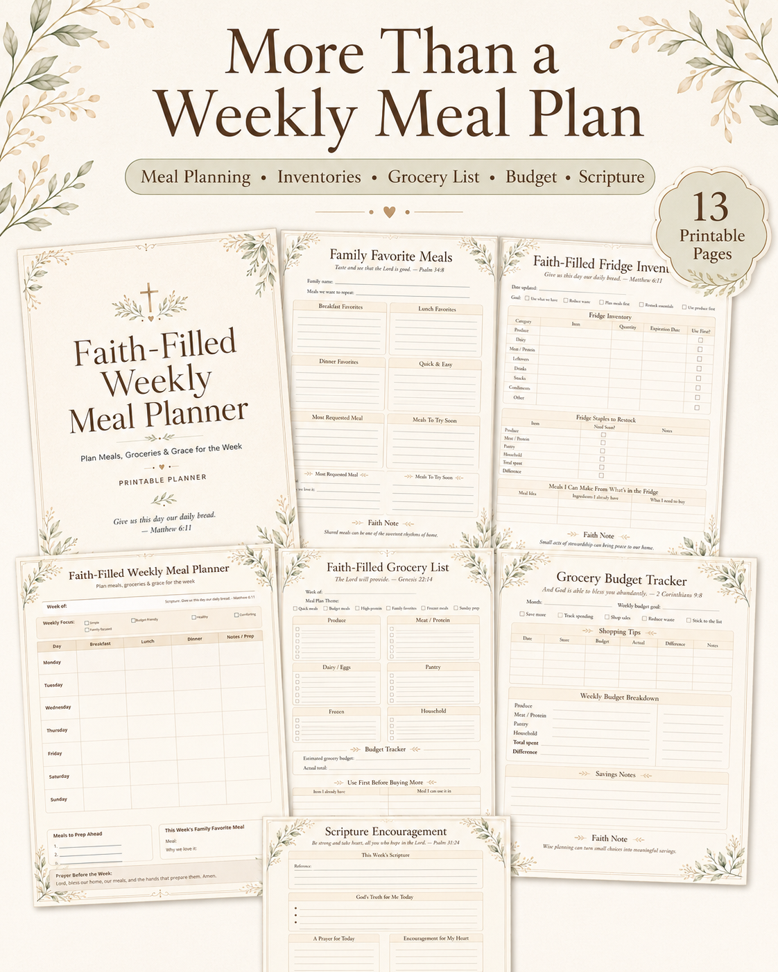 Printable weekly meal planner pages shown on a cream background with decorative botanical borders. The main title reads 'More Than a Weekly Meal Plan,' with smaller text listing features such as meal planning, inventories, grocery list, budget, and scripture.