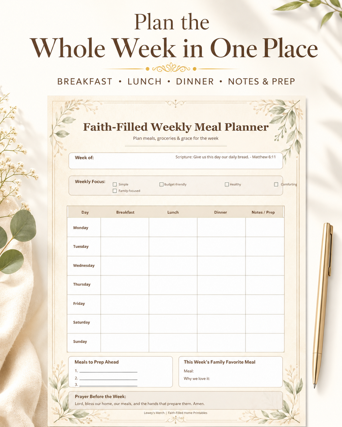 A weekly meal planner sheet titled 'Faith-Filled Weekly Meal Planner' shown on a styled flat-lay background with decorative leaves, a gold pen, and soft fabric. The planner includes sections for the week of, weekly pivot, and a table for breakfast, lunch, dinner, and snacks across days of the week.