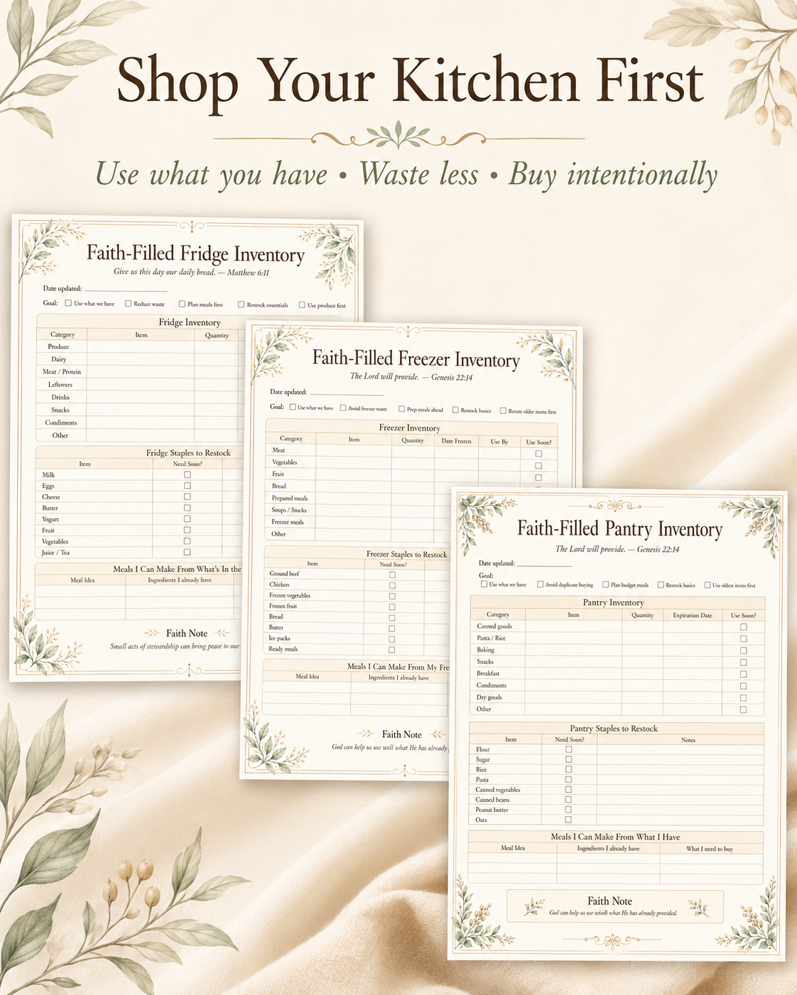 Three printable kitchen inventory forms are displayed on a warm beige background with decorative floral corner accents and the headline 'Shop Your Kitchen First.' The sheets are labeled Faith-Filled Fridge Inventory, Faith-Filled Freezer Inventory, and Faith-Filled Pantry Inventory, with fields for dates, food items, quantities, and notes.