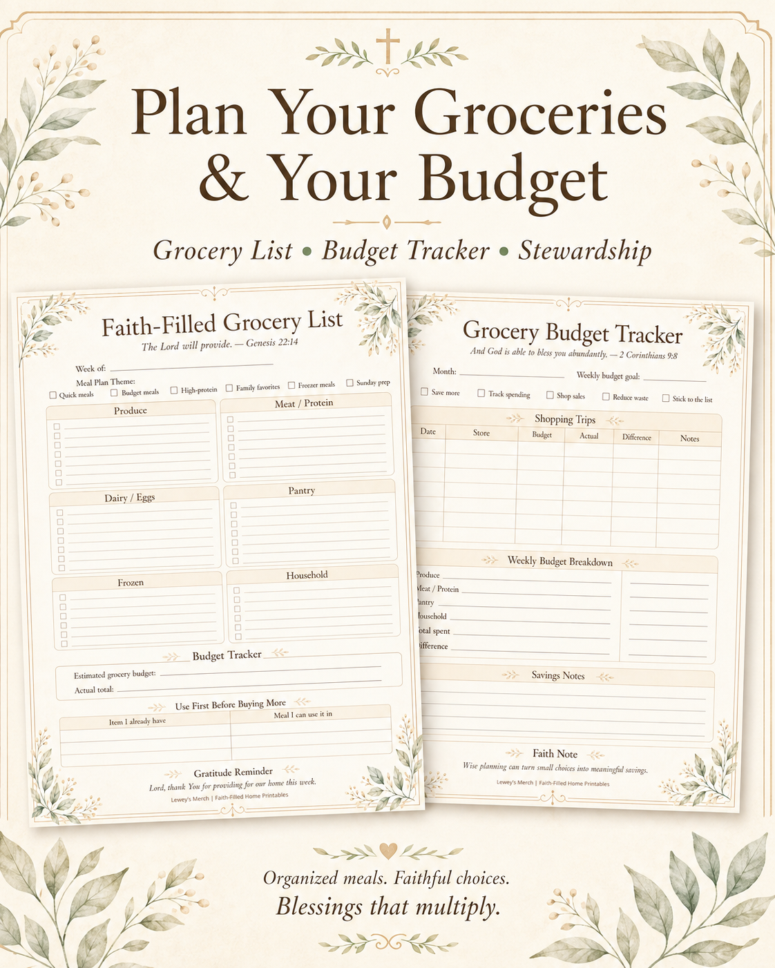 A digital preview of printable budgeting and grocery tracker sheets with decorative botanical borders. The main heading reads 'Plan Your Groceries & Your Budget,' with smaller text 'Grocery List • Budget Tracker • Stewardship.