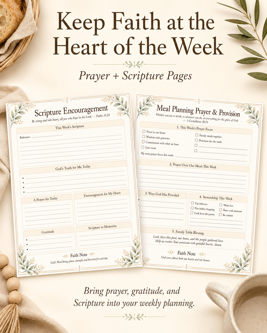 Two printable weekly prayer and scripture planner pages shown on a warm beige background with decorative bread, leaves, and a cup. The pages feature elegant floral borders and text sections for Scripture Encouragement and Meal Planning Prayer & Provision.