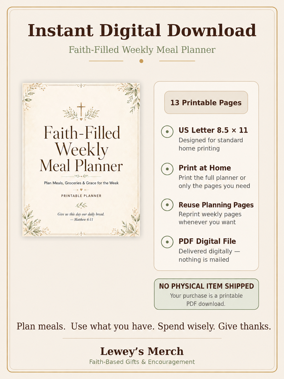 Digital product listing graphic for a Faith-Filled Weekly Meal Planner instant download by Lewey's Merch. The graphic features a preview of the planner cover on the left, which has a cream background with delicate green floral illustrations and brown text.