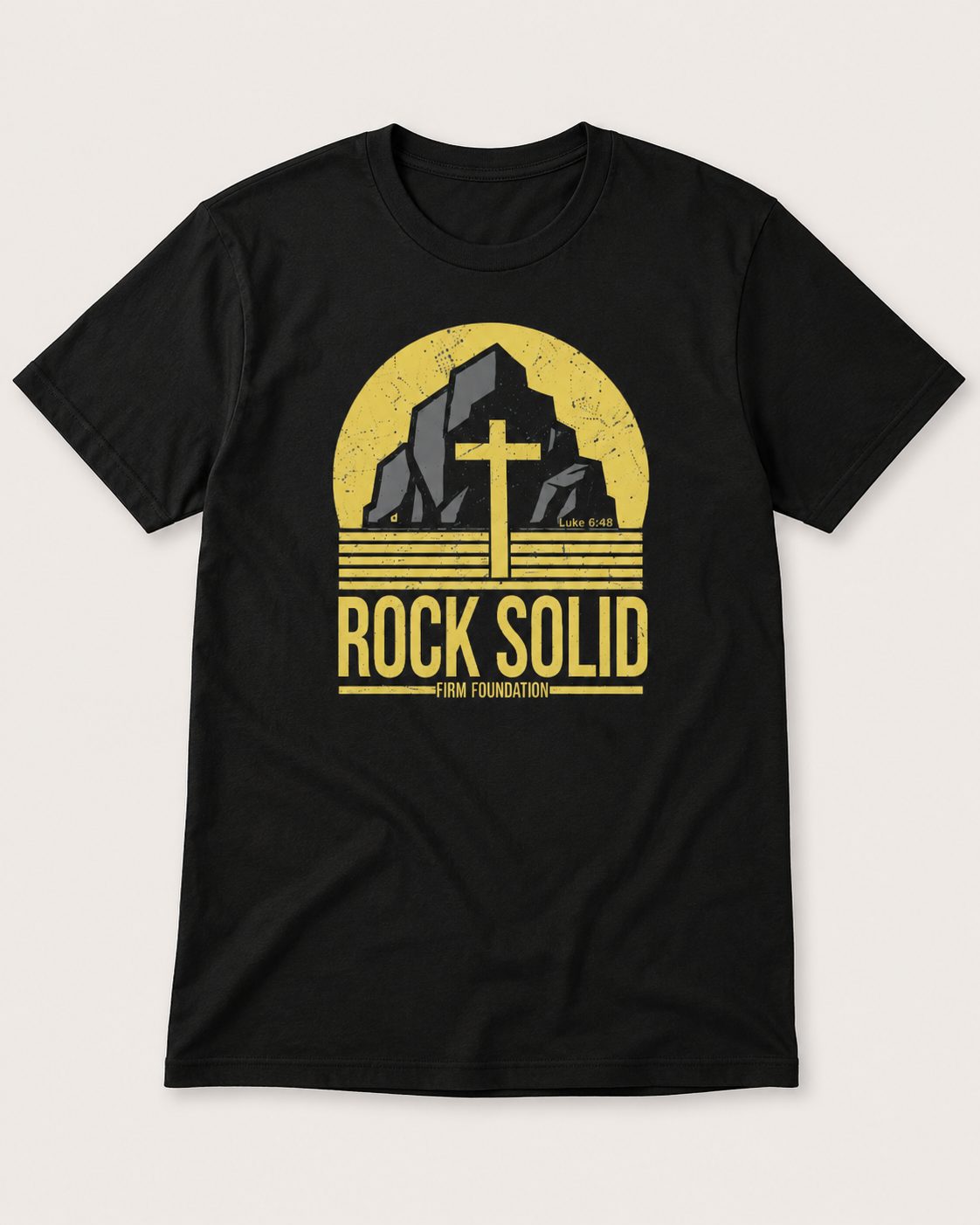 Black Rock Solid Christian T-shirt displayed against a clean neutral background with the full front design visible