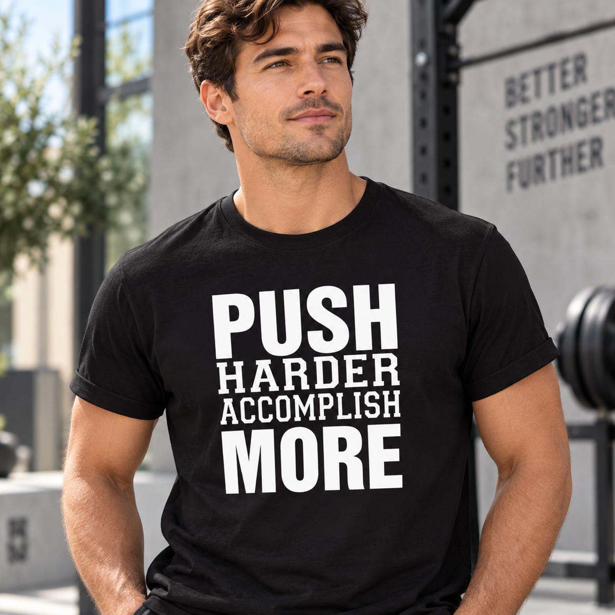 A man wearing a black crewneck t-shirt with bold white text that reads 'PUSH HARDER ACCOMPLISH MORE' in a gym setting.