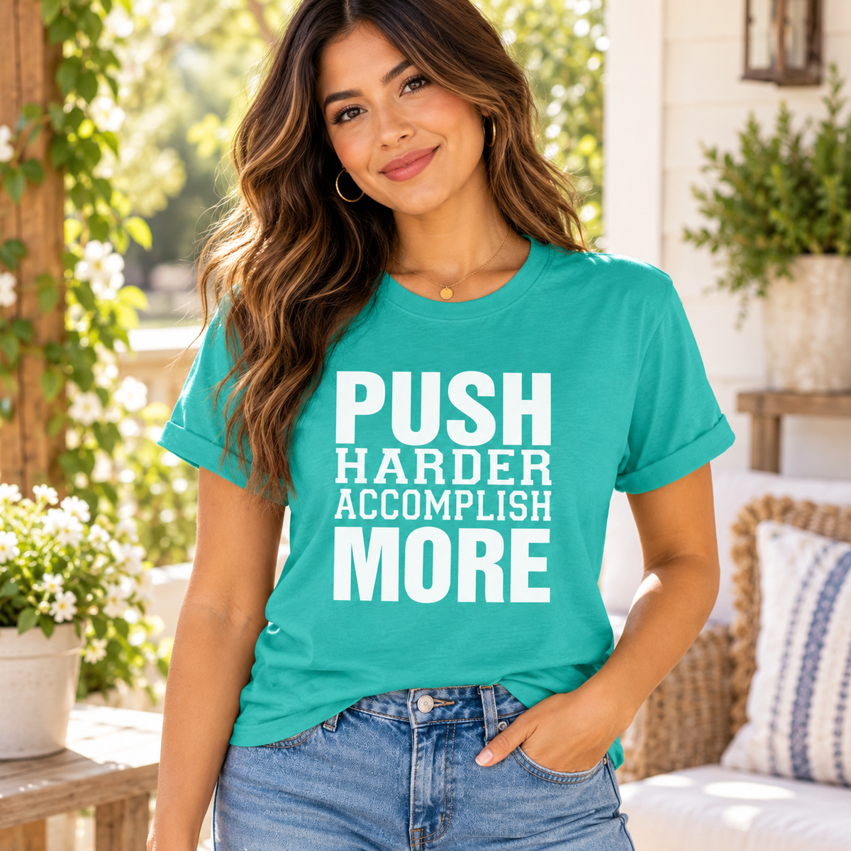 A woman wearing a teal t-shirt with the white printed text 'PUSH HARDER ACCOMPLISH MORE' and blue jeans, standing on a sunny porch with plants and a wicker chair in the background.