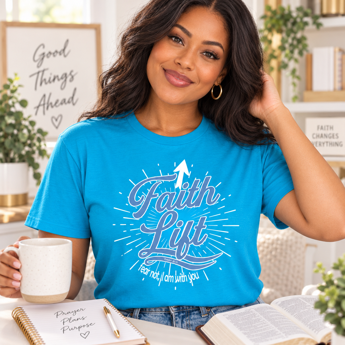 A woman wearing a bright blue graphic T-shirt with the words 'Faith Lift' in white and light blue script, holding a white mug in a bright, styled indoor setting with books and plants.